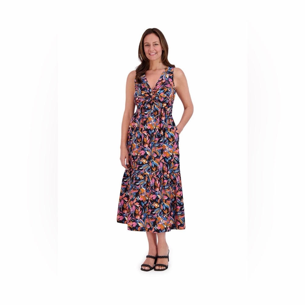 French Connection Floral Midi Dress in Black, Pink, Orange, Blue